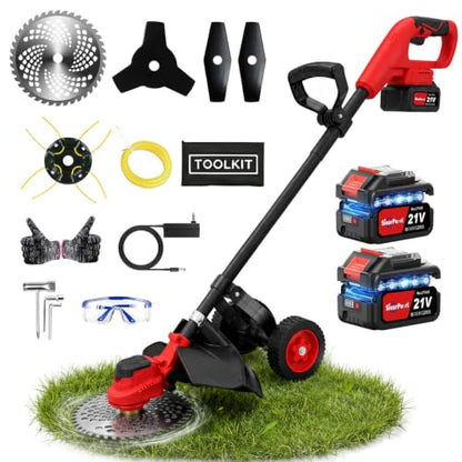 4-in-1 Electric Weed Wacker with Wheels, 20000RPM Cordless Weed Whacker & Brush Cutter, Lightweight 21V Battery Powered Lawn Edger with 2 Batteries