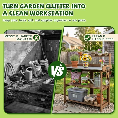 Ketive Wooden Outdoor Potting Bench with Metal Tabletop