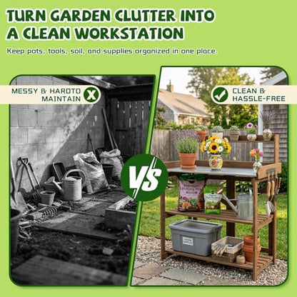 Ketive Wooden Outdoor Potting Bench with Metal Tabletop