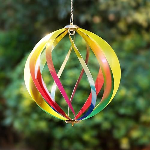 12" Hanging Wind Spinners Outdoor Assembly Required Rainbow 3D Metal Ball - size: 12 Inch