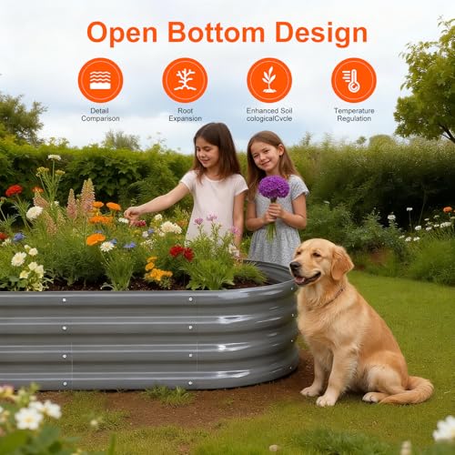 Rakukiri Raised Garden Bed Outdoor, GRS Certified Recycled Metal Planter Box 2 Sets, 4FT Galvanized Oval Herb Garden Kit, Bottomless Large Garden Beds for Vegetables Flowers, Rust-Resistant Gray - color: Gray