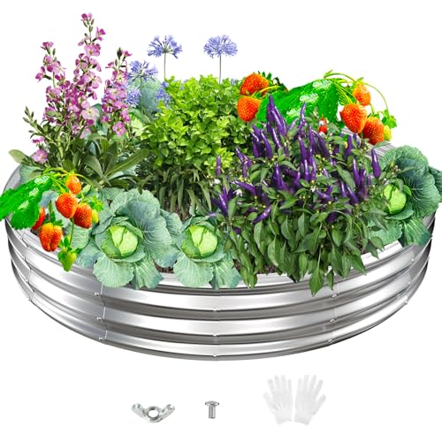 Durable Round Galvanized Steel Raised Garden Bed for Planting,Round Galvanized Steel Fire Ring/Fir Pit for Outdoor- 6×6×1FT,0.8MM Thick (Silver, 72 ins Diameter x 12 ins high) - color: Silver, size: 72 inches diameter x 12 inches high