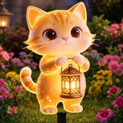 Orange Tabby Kitten Holding Lantern 2D Acrylic Garden Stake, UV Weather Resistant Lawn Flower Pot Planter Balcony Patio Outdoor Yard Decor Ornament - color: Tabby Kitten Holding Lantern