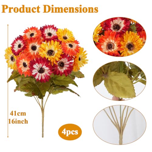 Fall Cemetery Flowers for Graves, 4Pcs 56 Heads Colorful Faux Mums - color: Colorful-4pcs