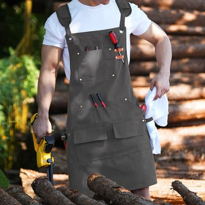 Tosewever Work Aprons for Men with Large Pockets, Canvas Cross Back Heavy Duty Adjustable Tool Aprons for Chef Cooking BBQ - color: Grey