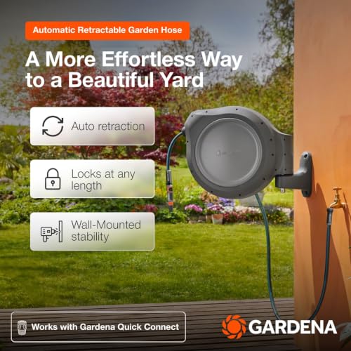 GARDENA Retractable Garden Hose Reel, 50 ft, 180 Degree Wall Mount - 20500 - size: 50 ft