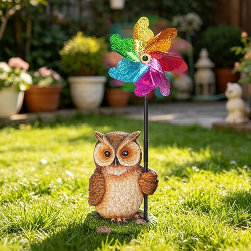 Owl Statue with Reflective Wind Spinners Garden Decor - size: Owl