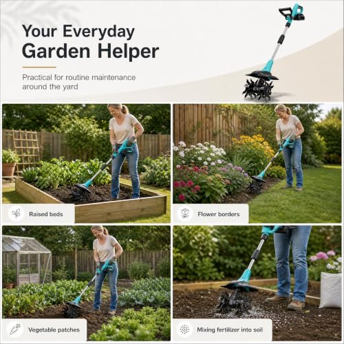 20V Cordless Tiller Cultivator 9" Wide Mini Garden Tiller with 2 Batteries