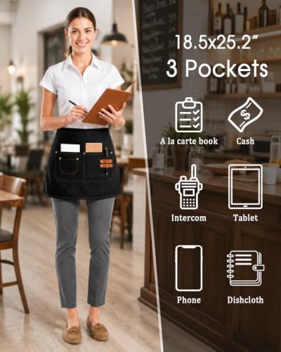2-Pack Work Server Apron for Men Women with 3 Pockets for waiting staff