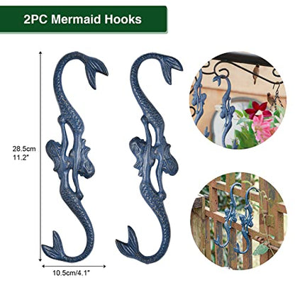 Sungmor Cast Iron Plant Hangers, 2PC Mermaid & 11 Inch Length, Large S Hooks for Hanging Plants, Ceiling Extender Hooks for Hanging Flower Basket, Planter, Macrame Plant Holder, Lantern, Windchime - color: Mermaid Hooks- 2pcs
