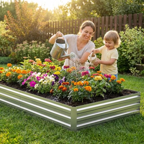 12x4x1FT Galvanized Raised Garden Bed, Metal Planter,Silver,1 Pack - size: 12x4x1FT