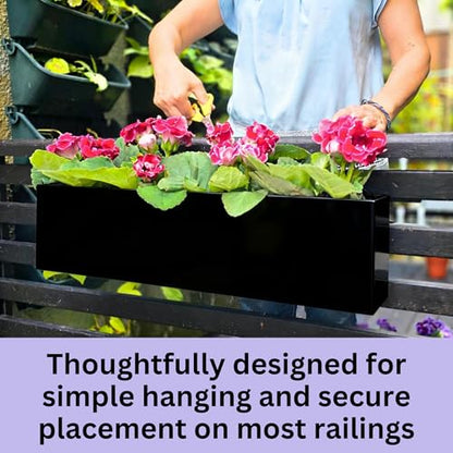 LaLaGreen Railing Planter Box (30 Inch, 4 Pack) Large Black Metal Rectangular Hanging Flower Boxes with Brackets, Planters for Outdoor Deck Railings Fence Balcony Patio Porch Over Rail Garden Decor - size: 30" x 4 Pack