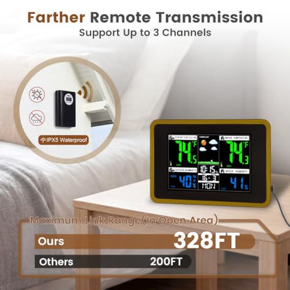 Weather Station Wireless Indoor Outdoor Thermometer, Alarm Clock - color: Black&Brown