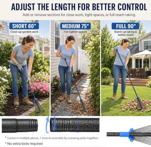Adjustable Leaf Rake, 8-17" Collapsible Metal Head, 7FT Long Handle - size: 90 Inch