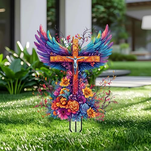 Flower Cross Garden Stakes Decor Yard Acrylic - 2D Garden Acrylic Sign Decoration, Fantasy Yard Art, Gift for Nature Lovers, for Indoor & Outdoor Flower Pots, Yard, Mini Gardens & Lawn (5.9”x5.9”) - color: K