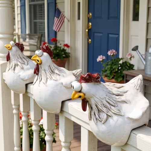 Funny Farm Chickens Statues,Cute Chicken Fence Decoration,Resin Chickens Decor,Outdoor Real Animal Statue,Chicken Sculpture,Perfect for Home Garden Stairs,Farm,Patio,Backyard - color: White Red
