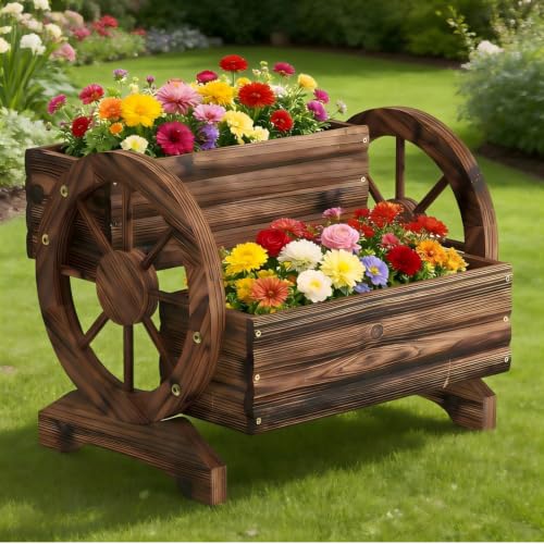 Wooden Wagon Planter Cute Garden Flower Pots Cart with wheels, Outdoor Decoration decor Indoor, Drainage hole, Garden decor for succulents herbs veggies for porch patio balcony (Carbonized, Medium) - color: Carbonized