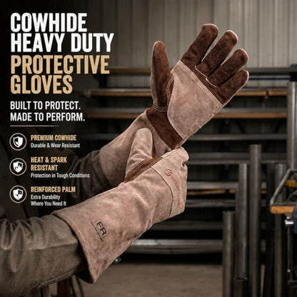 Welding Gloves -Long Sleeve Fireproof and Heat Resistant 15IN L - color: Brown 1 Pair, size: Large
