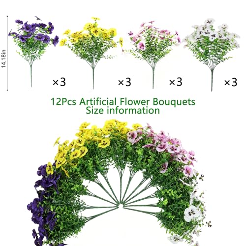 Artificial Fake Pansy Flowers for Outdoor, UV Resistant Faux Silk Pansies Spring Flowers, for Planter Front Door Porch Yard Patio Window Box Home Decor 12 Bundles (Yellow Purple White Pink)