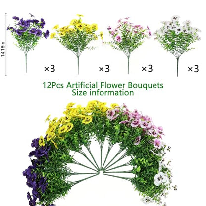 Artificial Fake Pansy Flowers for Outdoor, UV Resistant Faux Silk Pansies Spring Flowers, for Planter Front Door Porch Yard Patio Window Box Home Decor 12 Bundles (Yellow Purple White Pink)
