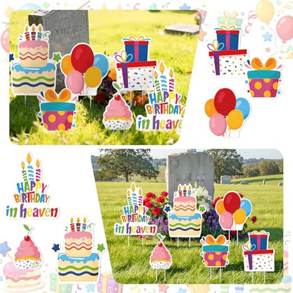 Sieral 6 Pcs Happy Birthday in Heaven Decoration Funny Funeral Grave Sign - style: Colorful