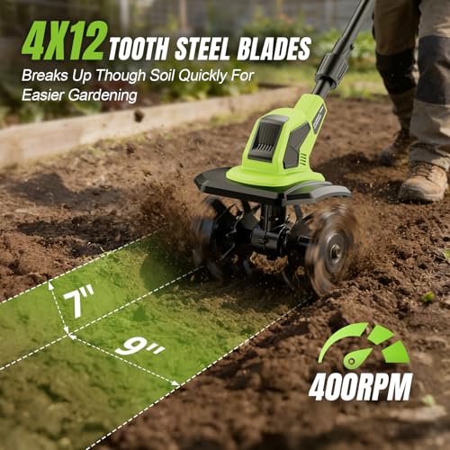 6000mAh Brushless Cordlees Tiller for Gardening,9" Width 7" Depth