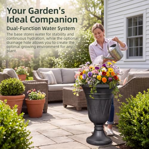 24" Tall Urn Planters for Outdoor Plants, Urns and Pedestal, Black - color: Black-concrete Look/Sandblasting