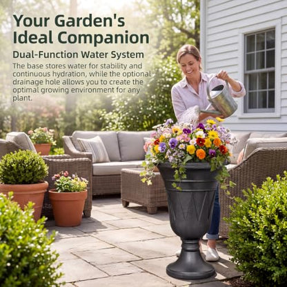 24" Tall Urn Planters for Outdoor Plants, Urns and Pedestal, Black - color: Black-concrete Look/Sandblasting