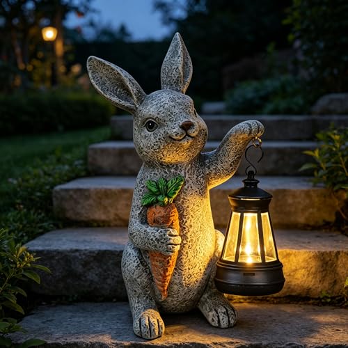 Solar Rabbit Garden Statue with Lantern Bunny & Carrot, Waterproof Resin Outdoor Figurine - color: rabbit1