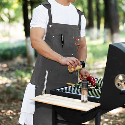 Tosewever Work Aprons for Men with Large Pockets, Canvas Cross Back Heavy Duty Adjustable Tool Aprons for Chef Cooking BBQ - color: Grey