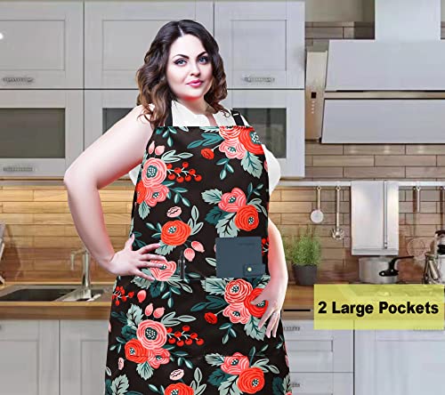 Plus Size Adjustable Bib Apron Water Resistant Canvas Extra Wide Long Ties Aprons with 2 Pockets Kitchen Cooking Gardening - color: Flowers