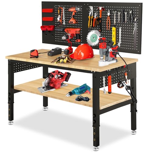 48×24 Adjustable Height Work Bench Heavy Duty Workbench for Garage with Under Table Shelf Rubber Wood Work Table with Pegboard for Shop Woodworking, Office, Home, Commercial - size: 48"| Two-Tier | Pegboard | Power Outlets