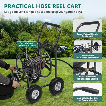 250ft Heavy Duty Hose Reel Cart with 4 Wheels, 5/8" Hose Capacity - color: Gray