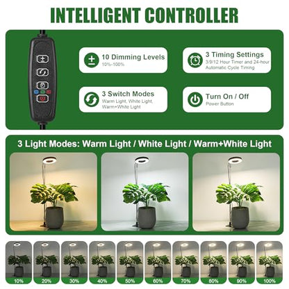 Small Halo Grow Light with Base, 48 LED Full Spectrum Indoor Plant Grow Light, Height Adjustable, 3 Spectral Modes, 10 Brightness Levels, Automatic Timer 3/9/12 Hours, Black - color: Black, size: 1 Pack Warm+White with Telescopic Pole and Base