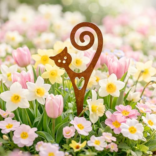 Metal Garden Decor Cat Plant Stake for Flower Pots, Powder-Coated Steel