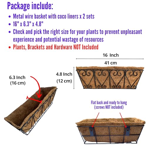 LaLaGreen Metal Wall Planter (16 in, 2 Pack) Black Coco Liner Flower Boxes - size: 16" (41cm)x2 Pack