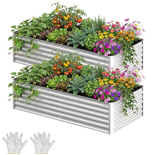 YITAHOME 2pcs 8x4x2ft Galvanized Raised Garden Bed, Metal Planter Box with Safety Rubber, Gloves, Outdoor Flower Bed for Planting Plants Vegetables, Silver - color: Silver, size: 8x4x2ft 2pcs