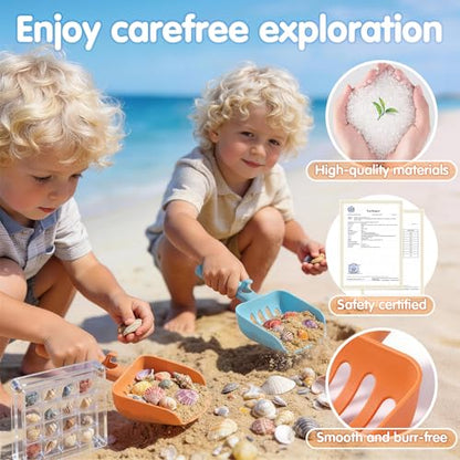 2 Pack Beach Sand Sifter with Seashell Bags & Display Case for Boys & Girls - color: Blue-orange
