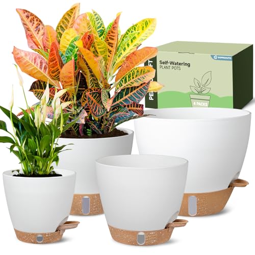 Self-Watering Pots for Indoor and Outdoor Plants 4 Pack, 6/8/10/12 Inch Planters with Water Level Indicator & Deep Reservoir, Decorative Flower Pots for Home Decor - color: White, size: 6+8+10+12 inch