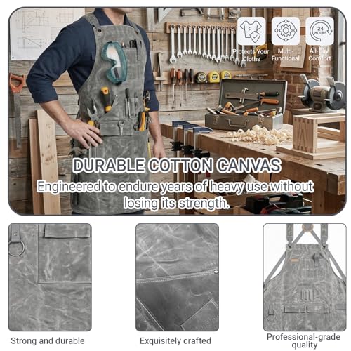 Woodworking Apron for Men,Poly Cotton Heavy Duty Waterproof Waxed Canvas Welding Apron with 9 Tool Pockets - color: Grey