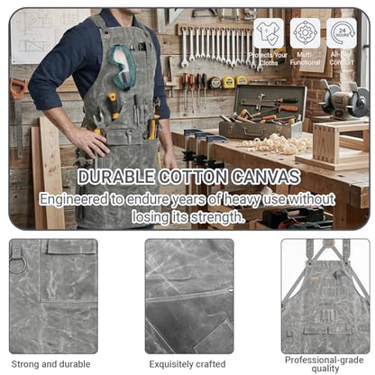 Woodworking Apron for Men,Poly Cotton Heavy Duty Waterproof Waxed Canvas Welding Apron with 9 Tool Pockets - color: Grey