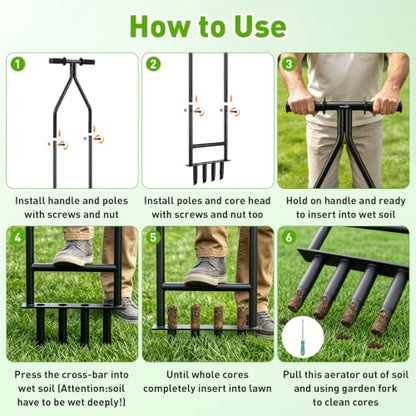 Manual Core Aerator Lawn Tool, Heavy Duty Lawn Aerator Tool with 4 Hollow Tines, Yard Aeration Tool for Lawn, Grass Plug Aerator for Compacted Soil, Lawn Care