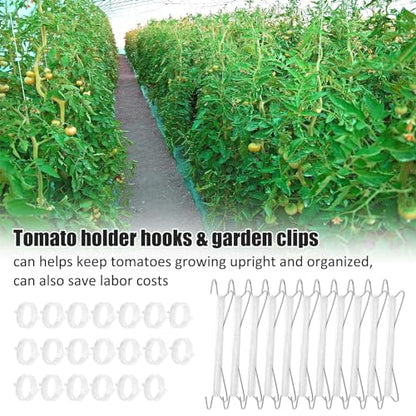 Tomato Support Hooks with Tomato Clips, Tomato Hooks with String- 30pcs - size: 33.3ft-10ps