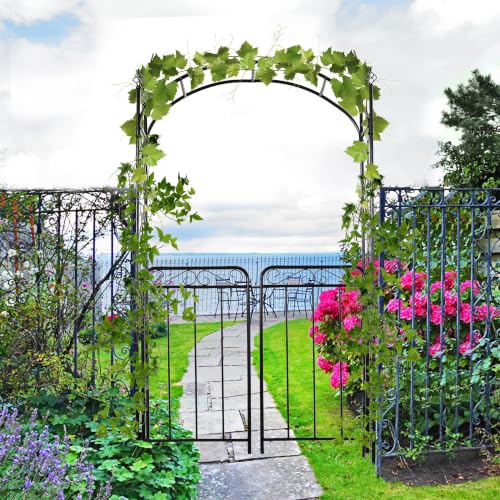 Outsunny 84" Garden Arch Arbor with Gate Metal for Climbing Vines Black