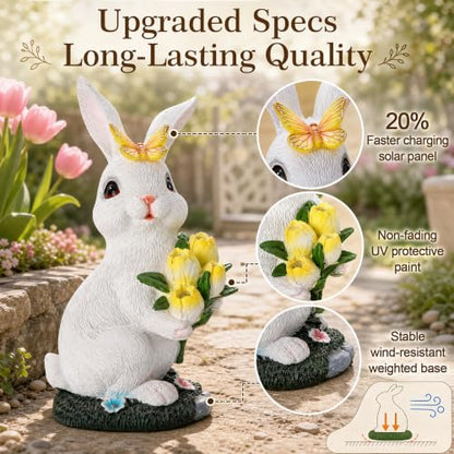Solar Rabbit Statue Waterproof LED Flower Bouquet Garden Decor - color: White