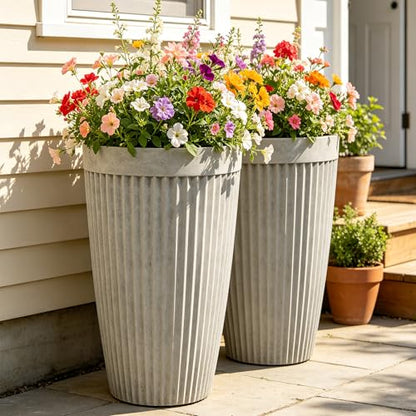 Autodaya 20" Resin Outdoor Tall Planters Set of 2, Ivory Fluted - color: Concrete Fluted-20"h