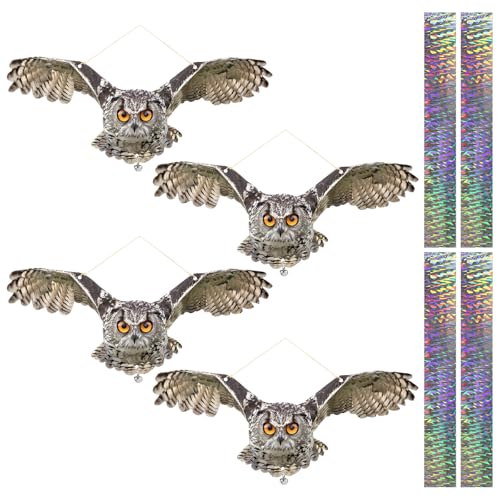 4PCS Plastic Owl to Scare Pigeon Away from Porch, Dual-Side Printed Fake Owl Control Device with Reflective Tape for Garden Patio Windows Farm - color: 4Pcs Gray