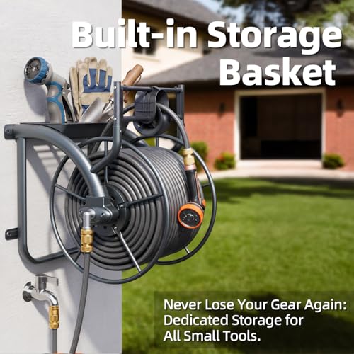 Metal Wall Mounted Garden Hose Reel Holds 150 ft 5/8" or 230 ft 1/2" Hose