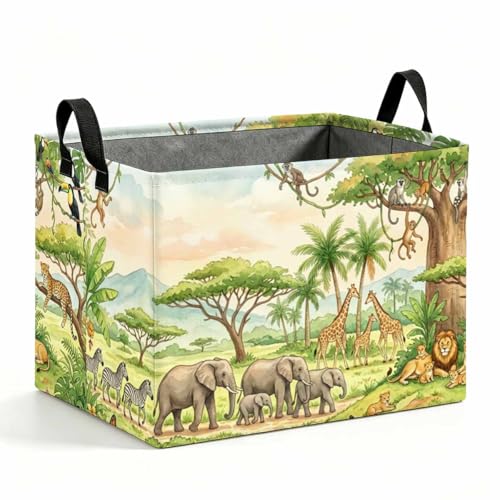 Safari Animal Storage Basket with Handles, Lion Elephant Giraffe Laundry Hamper 56L Large Collapsible Organizer, Laundry Basket for Bathroom/Laundry/Bedroom - color: Safari Animal