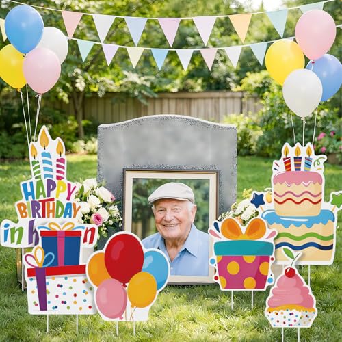Sieral 6 Pcs Happy Birthday in Heaven Decoration Funny Funeral Grave Sign - style: Colorful